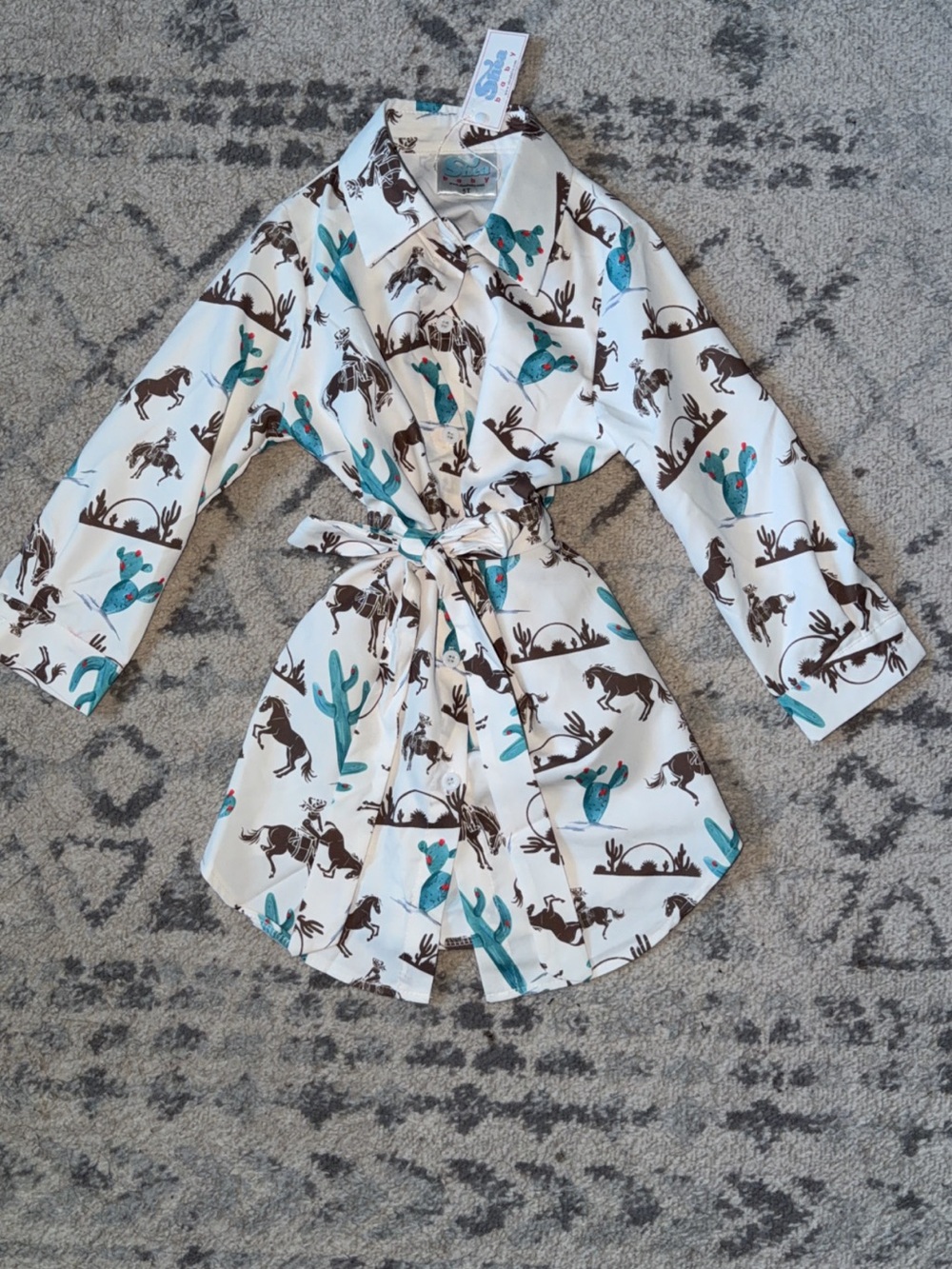 White Kids Robe with Teal Cactus & Brown Horse Print
